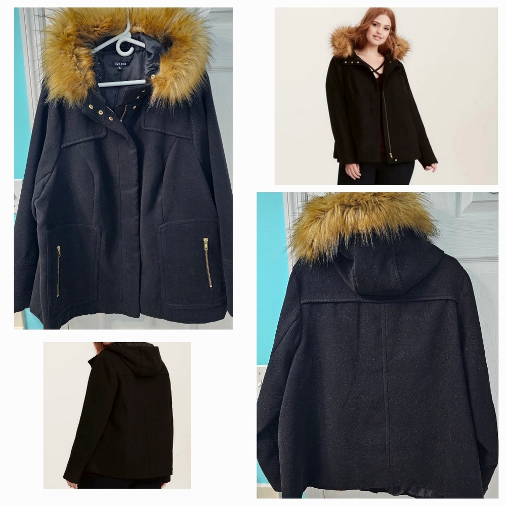 Torrid Black Hooded Wool Coat Fur 3x